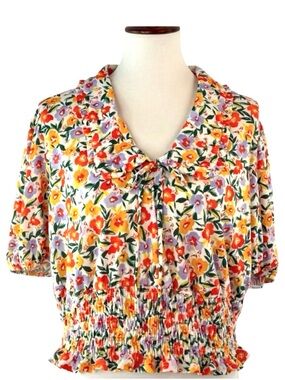S.C. Society Orange Floral Short Sleeve Smocked Ruffled Crop Blouse XL